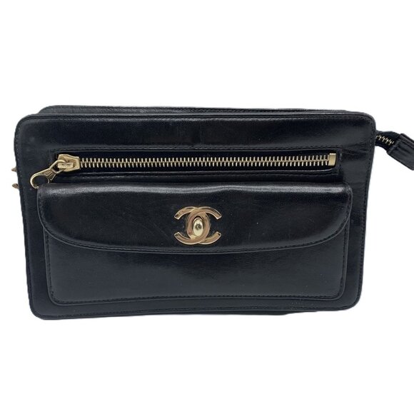 CHANEL Black Leather Coco Mark Clutch Bag - Picture 1 of 8